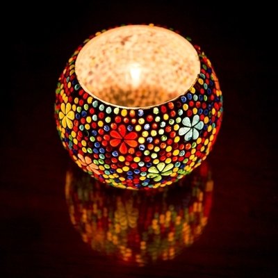 Grote Waxinehouder (15 cm ) multi colour glasmozaïek met flower design - bohemian woonaccessoires