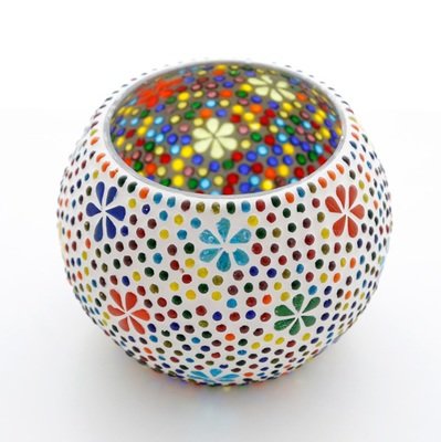 Grote Waxinehouder (15 cm ) multi colour glasmozaïek met flower design - bohemian woonaccessoires