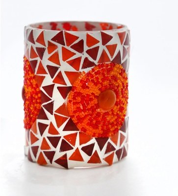 Twee stuks waxinehouder rood oranje glasmozaïek beads &amp; triangles