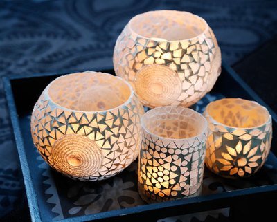 Twee stuks waxinehouder glasmozaïek multi colour turkish design