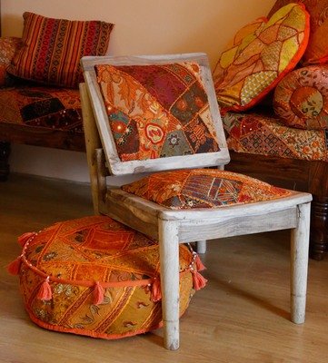 stoel met patchwork oranje / hout sheesam unfinished