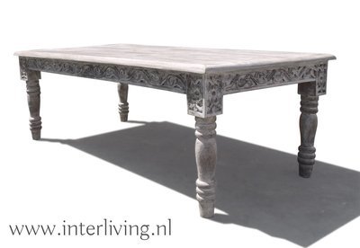 tafel van white/grey wash mango hout met prachtig lotus houtsnijwerk - 120*60*38