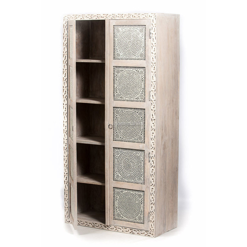 Massief hoge houten kast white washed 180*90*40 cm met transparant glasmozaiek