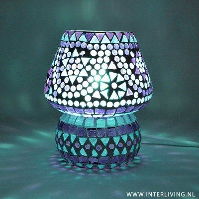 kleine boho tafellamp - model ronde paddenstoel kap -  Ibiza blauw  glas mozaïek