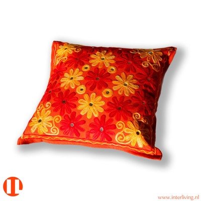 sierkussen-Indian flowers - met bloemen borduurwerk rood, oranje en geel