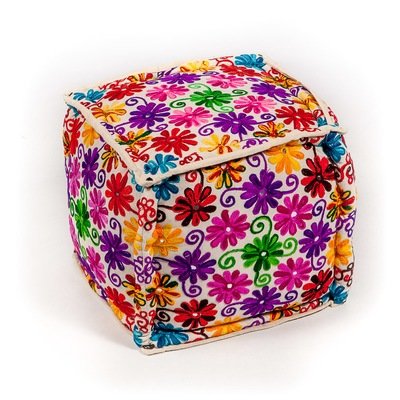 vierkante poef &quot;Indian flowers&quot; met bloemen borduurwerk multi color