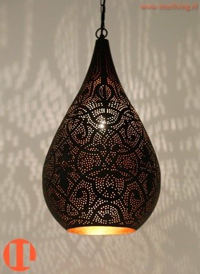Hanglamp in druppel model filigrain-stijl mat zwarte buitenkant &amp; binnenkant goudkleurig