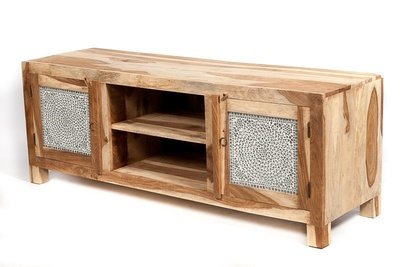 TV kast van sheesamhout unfinished look met transparant glasmozaiek