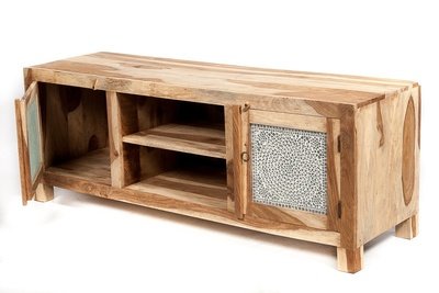 TV kast van sheesamhout unfinished look met transparant glasmozaiek