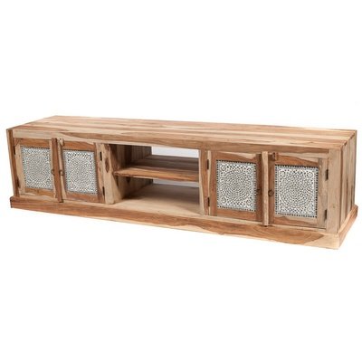 TV kast (205 cm) van sheesamhout unfinished look met transparant glasmozaiek