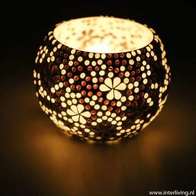 Waxinehouder zwart wit glasmozaïek met flower design