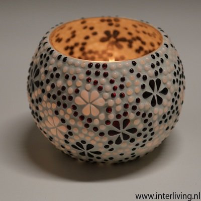 Waxinehouder zwart wit glasmozaïek met flower design