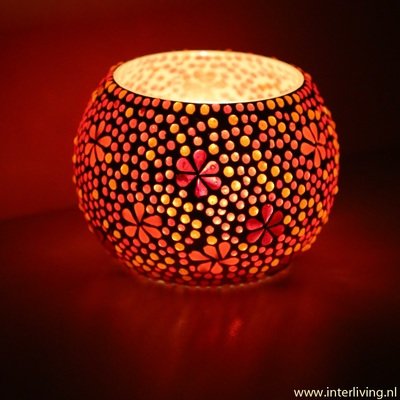 Grote Waxinehouder (15 cm) rood oranje glasmozaïek met flower design