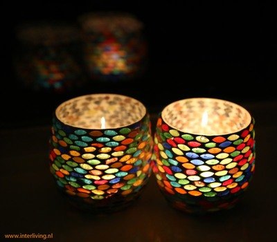 Twee stuks waxinehouders mozaiek multi colour seed design