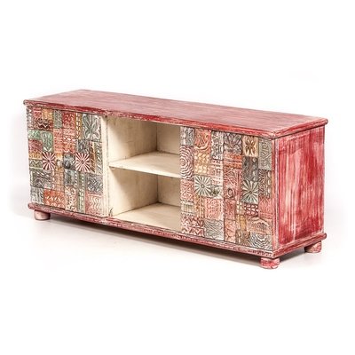 TV kast red washed met multi gekleurde stempels houtsnijwerk 150*60*45 cm