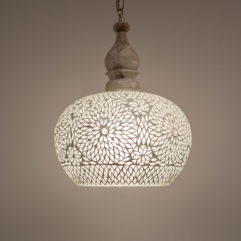 Open Hanglamp Boho style - transparant glasmozaïek met massief hout