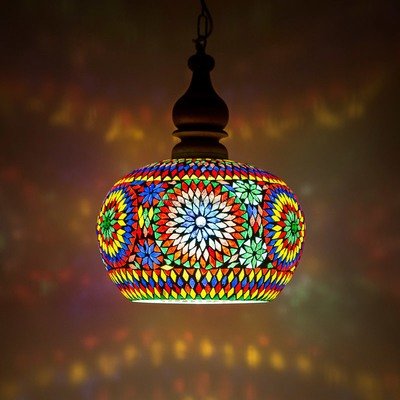 Open Hanglamp multi colour glasmozaïek met massief hout