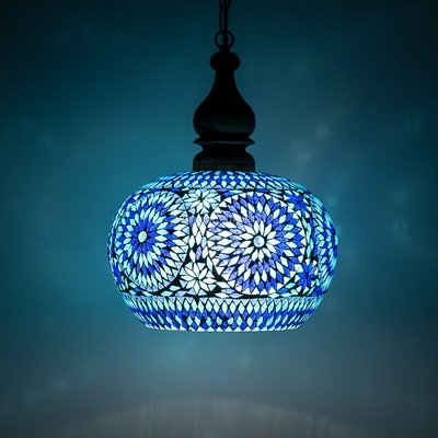 Open hanglamp blauw glasmozaïek met massief hout Open hanglamp blauw glasmozaïek met massief hout