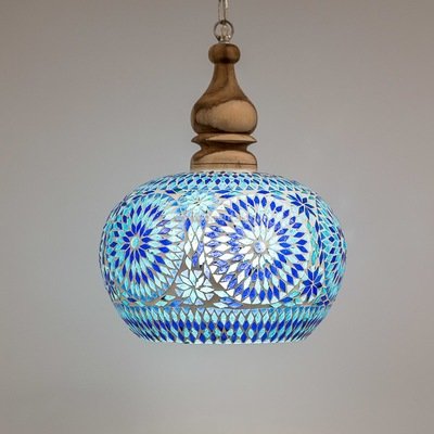 Open hanglamp blauw glasmozaïek met massief hout