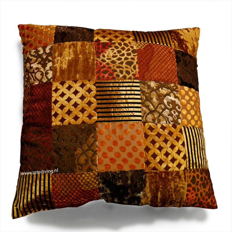 sierkussen oker bruin &amp; goud tinten - velvet patchwork - 60 cm