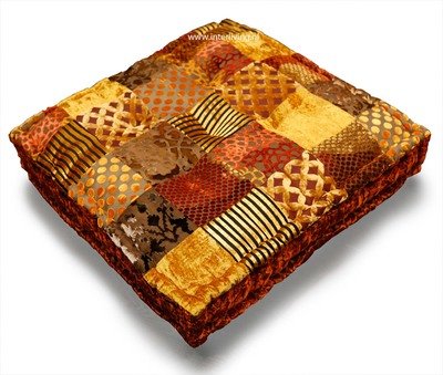 vloerkussen okergoud velvet patchwork / prints van fluweel