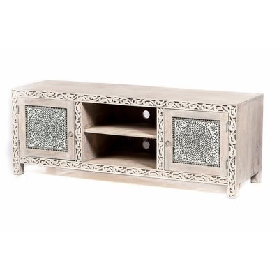 TV kast van mangohout - white washed met houtsnijwerk en transparant glasmozaiek