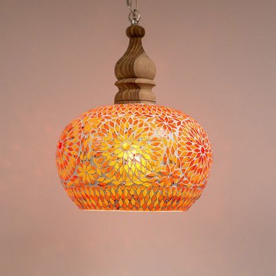 Open hanglamp rood oranje glasmozaïek met massief hout