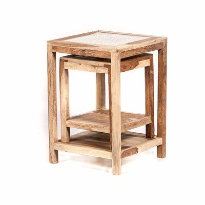 bijzettafel set van twee tafeltjes: hout unfinished met mozaïek transparant
