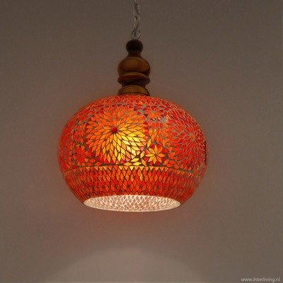 Open hanglamp rood oranje glasmozaïek met massief hout - Ø 36 cm Open hanglamp rood oranje glasmozaïek met massief hout - Ø 36 cm
