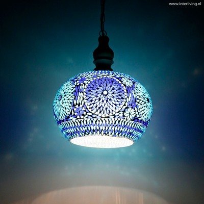 Open hanglamp blauw glasmozaïek met massief hout - Ø 36 Open hanglamp blauw glasmozaïek met massief hout - Ø 36