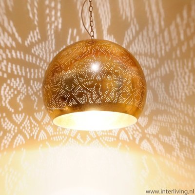 Hanglamp bol filigrain-stijl XL metaal vintage goud finish met binnenkant goudkleurig Hanglamp bol filigrain-stijl XL metaal vintage goud finish met binnenkant goudkleurig