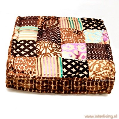 vloerkussen velvet patchwork bruin goud tinten 45 x 45 x 10 cm