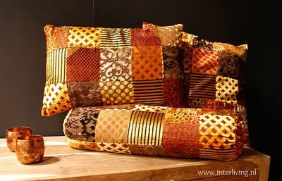 sierkussen rechthoekig in oker goud tinten - - velvet patchwork - 40 * 60 cm