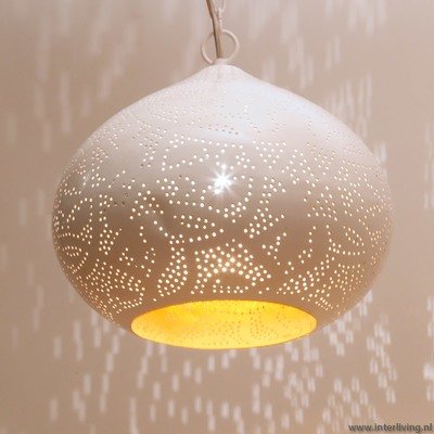 Hanglamp pompoen filigrain-stijl metaal mat wit finish met binnenkant goudkleurig Hanglamp pompoen filigrain-stijl metaal mat wit finish met binnenkant goudkleurig