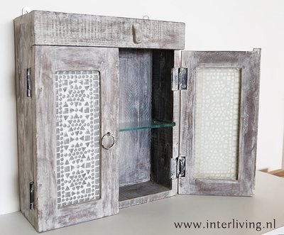 ​Cupboard - handmade from recycled old wood with antique gray / white wash finish - panels: transparent mosaic