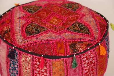 poef bont patchwork - roze rond model - 25 cm hoog