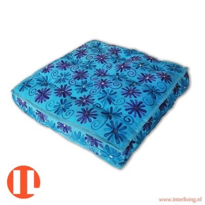 vloerkussen 60 cm - &quot;Indian flowers&quot; met bloemen borduurwerk blauw tinten
