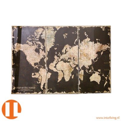 vintage landkaart (globe) - wereld - op 3 zwarte houten panelen - muurdecoratie
