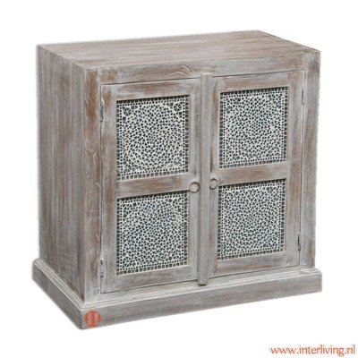 2 deurs kast antiek grey wash hout finish met transparante mozaïek panelen