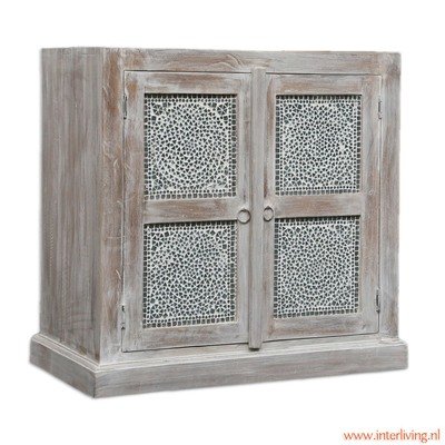 2 deurs kast antiek grey wash hout finish met transparante mozaïek panelen
