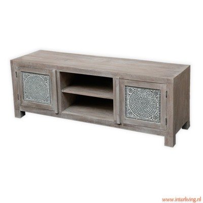 TV kast van sheesamhout grey washed met transparant glasmozaiek