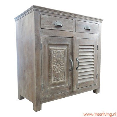 Indiase kast - finish &quot;grey-wash&quot; - 81 cm hoog - met laadjes