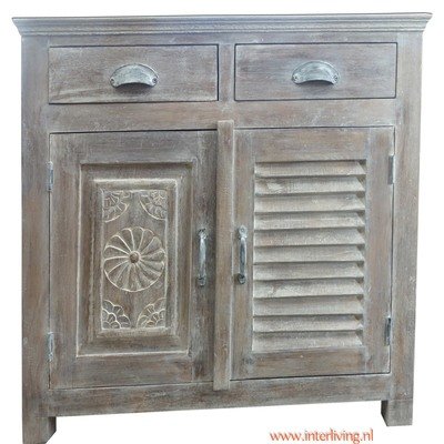 Indiase kast - finish "grey-wash" - 81 cm hoog - met laadjes