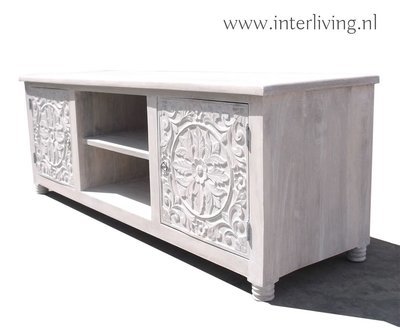 TV kast white washed met lotus houtsnijwerk 150*60*40 cm