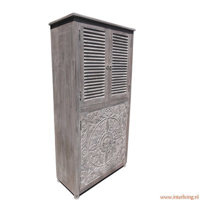 kast mangohout - antique (grey) washed - met houtsnijwerk en lamellen
