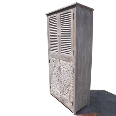 kast mangohout - antique (grey) washed - met houtsnijwerk en lamellen