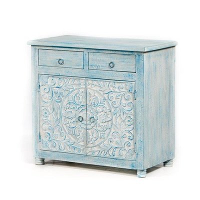 Dressoir blue washed mangohout met lotus houtsnijwerk 76 x 76 x 40 cm