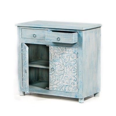 Dressoir blue washed mangohout met lotus houtsnijwerk 76 x 76 x 40 cm