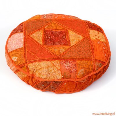 rond vloerkussen oranje patchwork