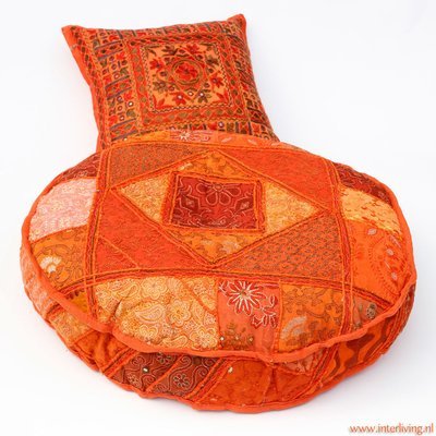 rond vloerkussen oranje patchwork